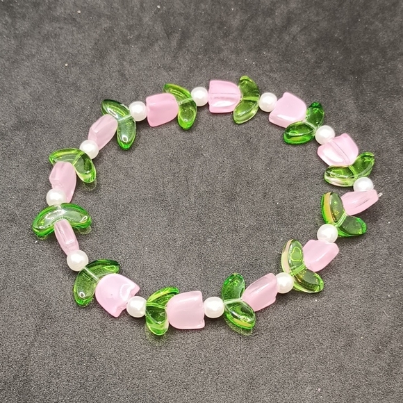 Hand Crafted Jewelry - Hand Crafted Pink and Green Beaded Bracelet